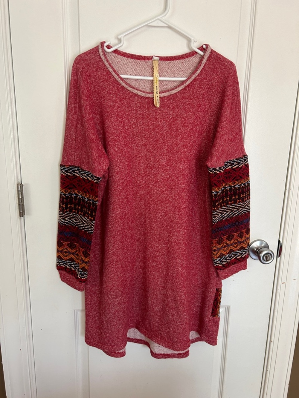 Uncle Frank Red Knit Tunic with Patterned Balloon Sleeves